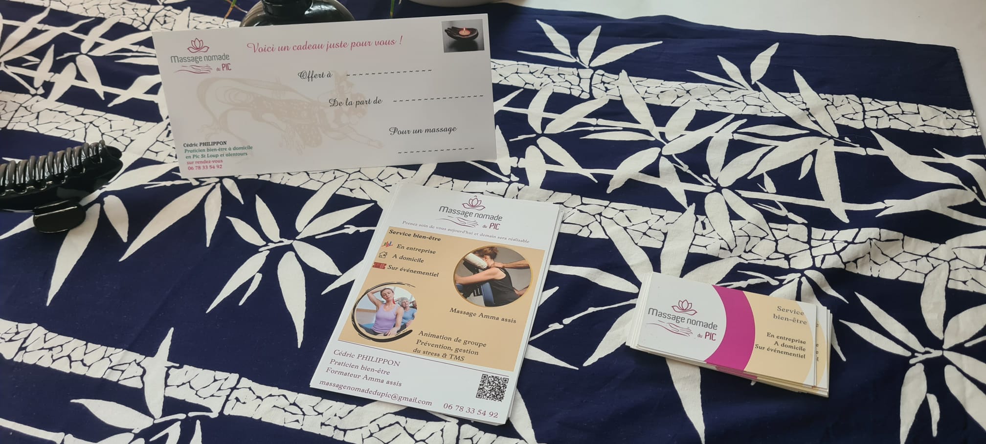 Supports de communication et carte cadeau Massage Nomade du Pic